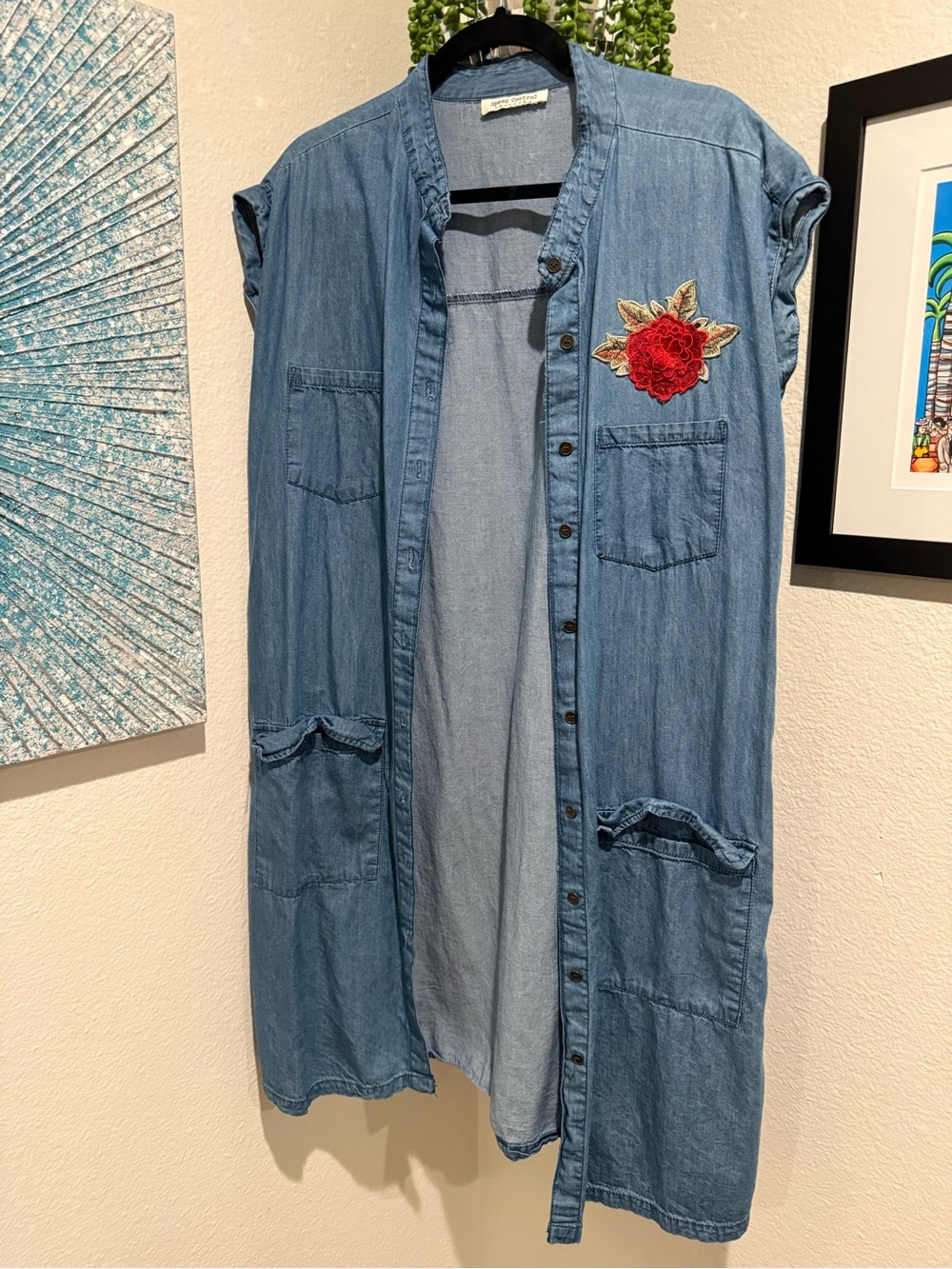 Speed Control Denim Duster Dress Embroidered Rose Utility Pockets